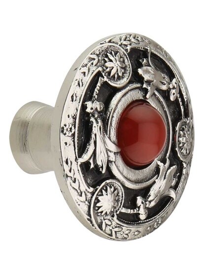 Jeweled Lily Cabinet Knob Inset with Red Carnelian - 1 1/4 inch Diameter in Brite Nickel.